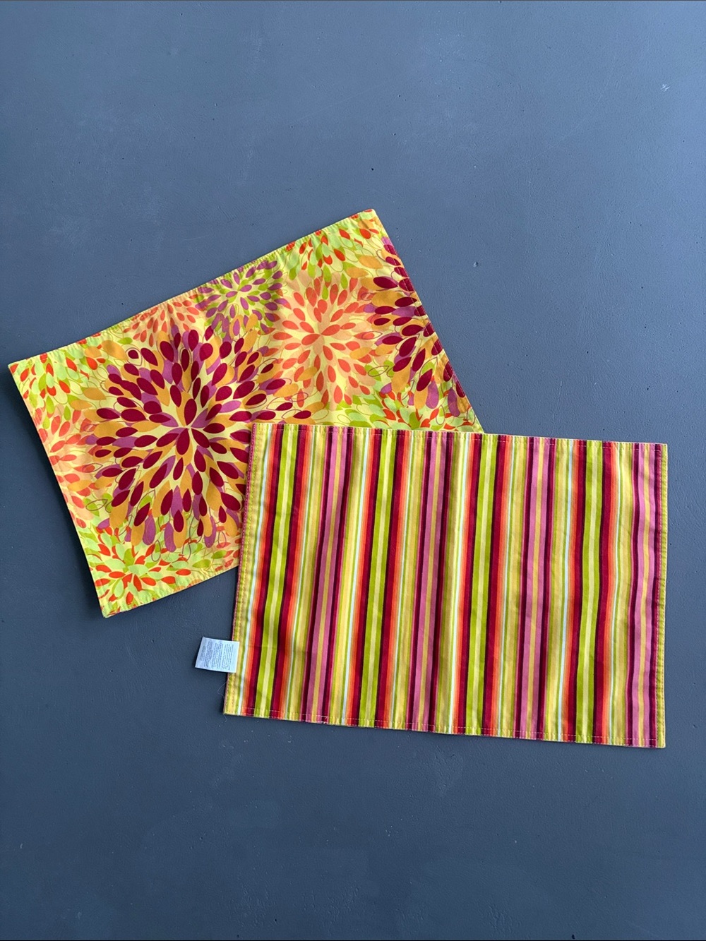 Fiesta Reversible Placemats in Floral and Stripes Yellow, Pink & Green Set of 2